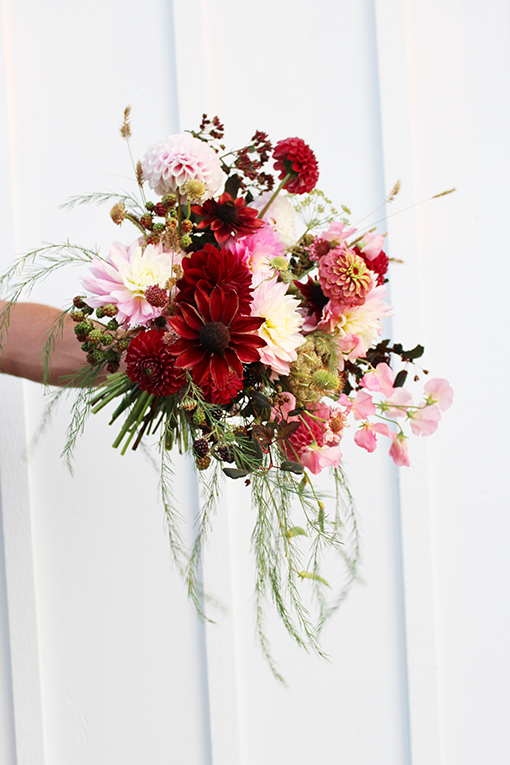 Arabian Night in a bridal bouquet with Chilson's Pride and Cornel dahlias